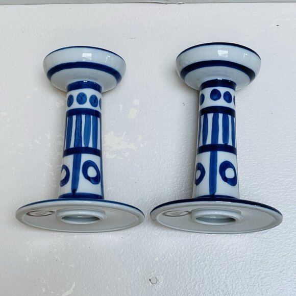 Vintage Dansk Arabesque Blue White Ceramic Candle Holders Set 2 Home Decor - Picture 7 of 9